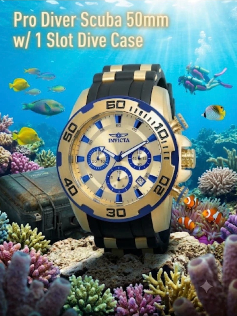 Invicta Pro Diver SCUBA Watch 50mm Gold/Black/Blue W-1 Slot Dive Case (22308)